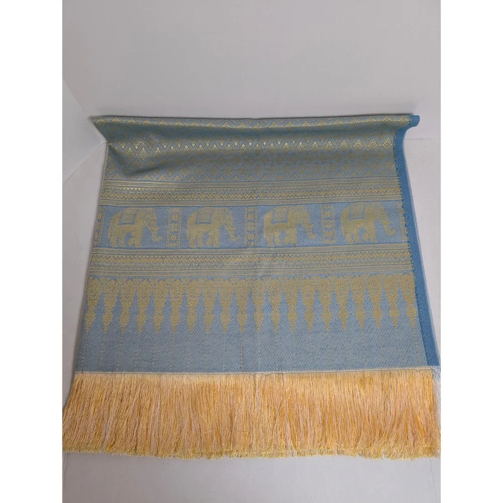 Handmade Thai Golden Elephant Blue & Gold Rectangle Tablecloth Fringe 40x78